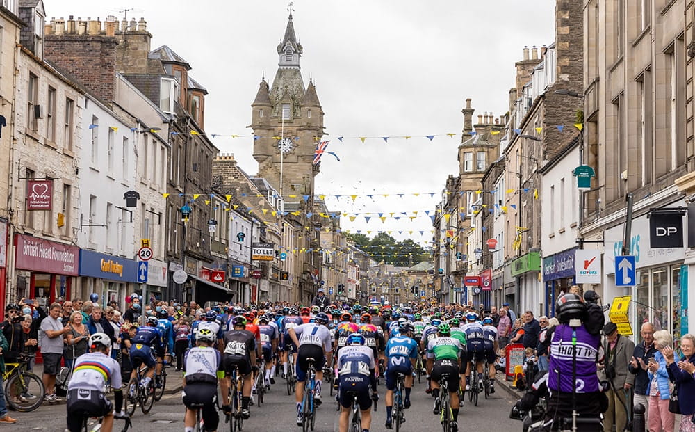 Riders setting off from Hawick during stage seven of the 2021 Tour of Britain